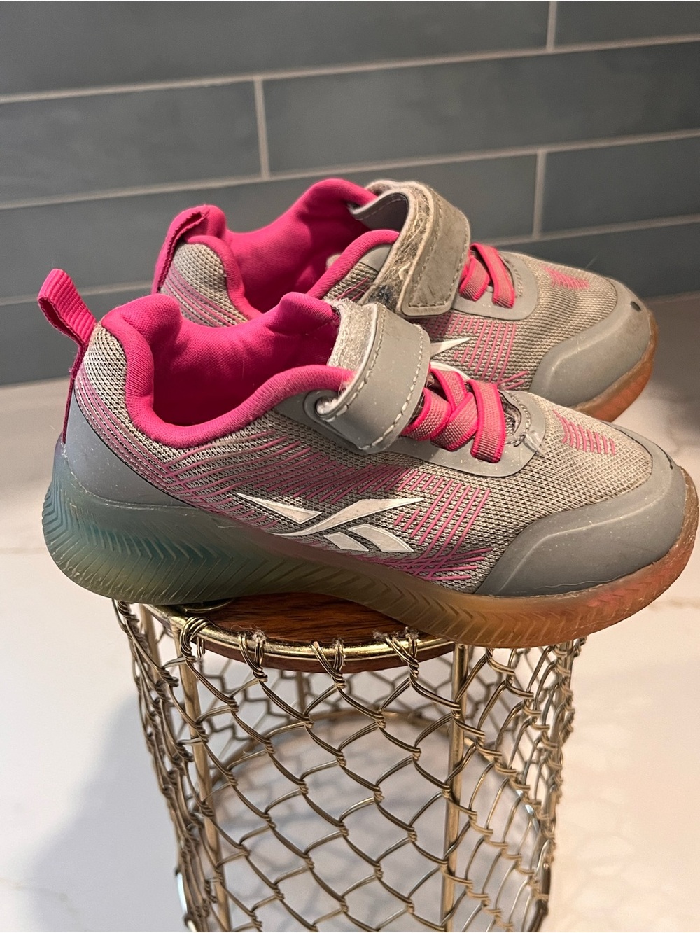 Reebok Kids Grey and Pink Athletic Sneakers with Hook-and-Loop Strap